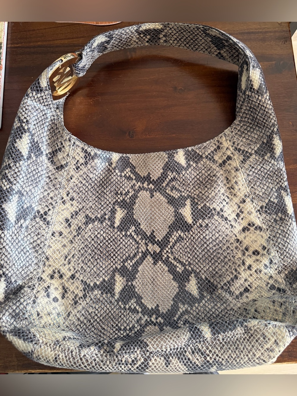 Michael Kors Snakeskin Print Hobo Shoulder Bag Gold MK Logo